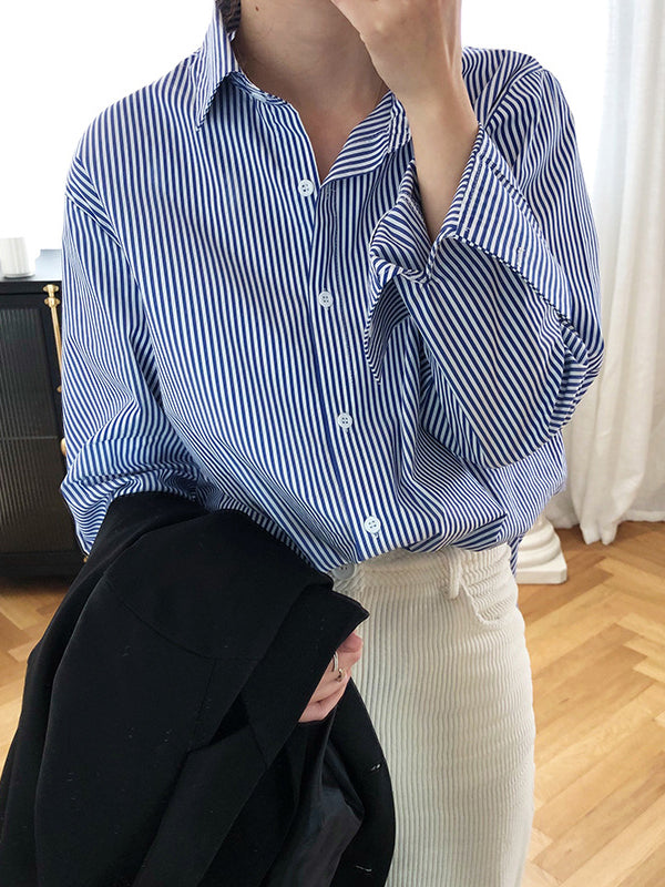 Urban Loose Striped Lapel Collar Blouses&Shirts Tops