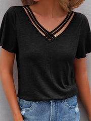 Loose Plus Size Hollow Solid Color Split-Joint V-Neck T-Shirts Tops