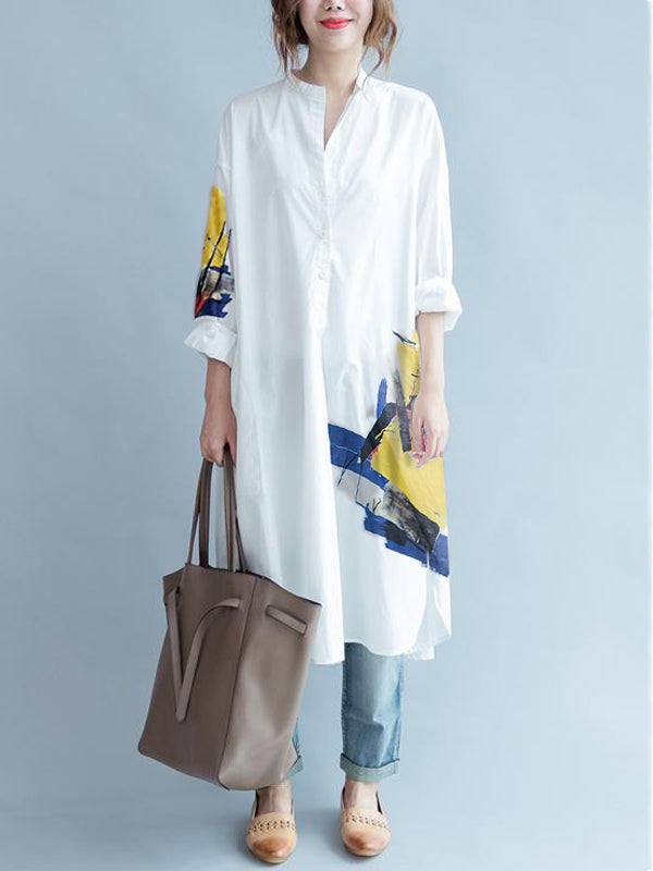 White Asymmetric Printed Split-Side Long Sleeves Shirt Dress