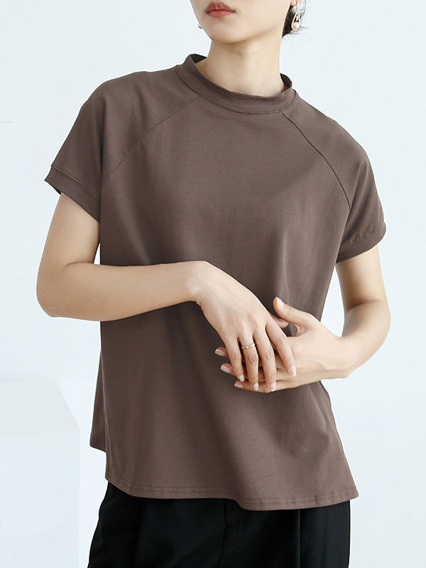 Casual Short Sleeves Loose Solid Color Stand Collar T-Shirts Tops