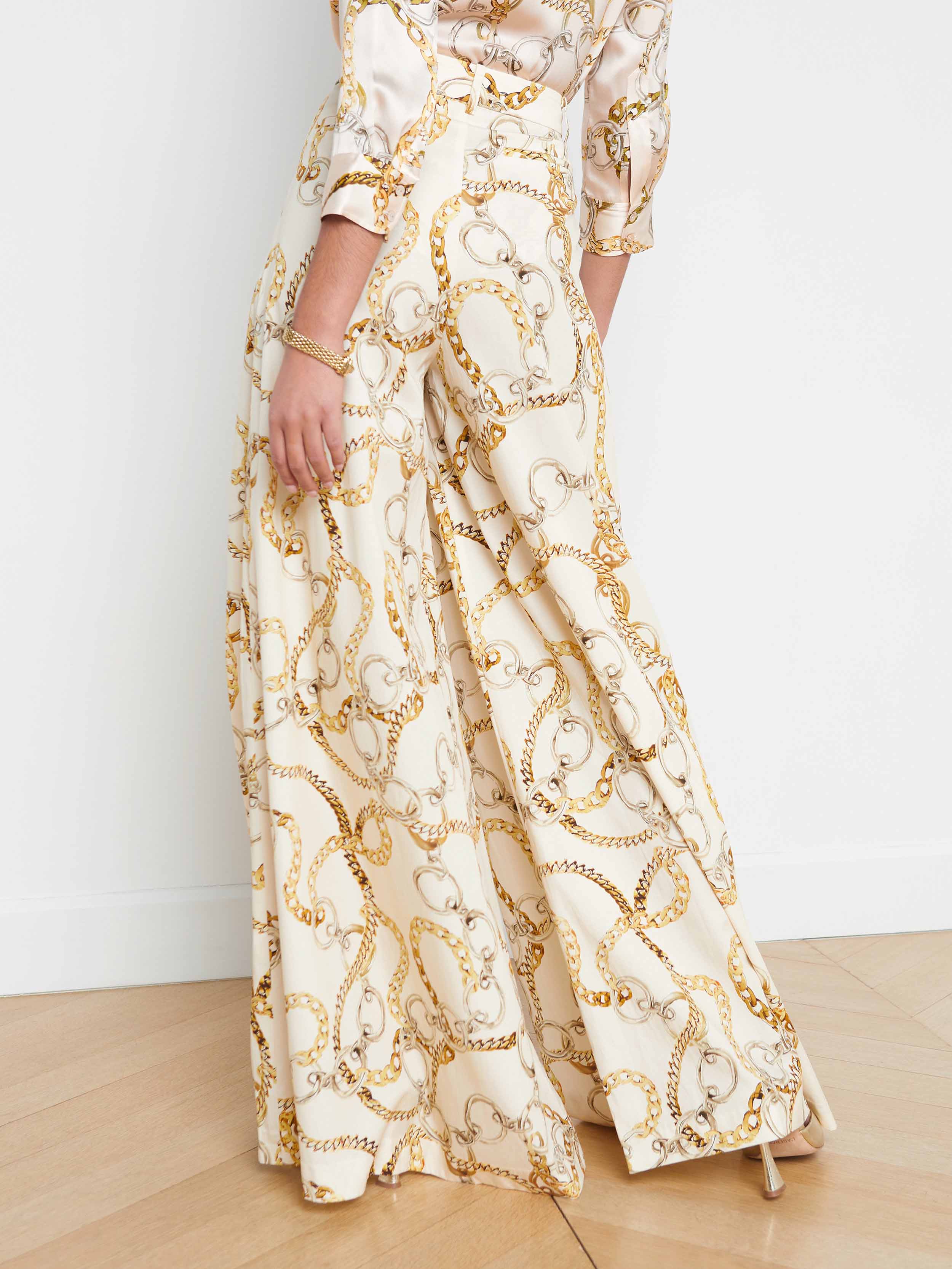 Exquisite Satin Chain Print Pocket Loose Wide-Leg Pants