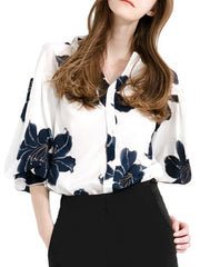 Loose Contrast Color Flower Print V-neck Blouses&shirts Tops