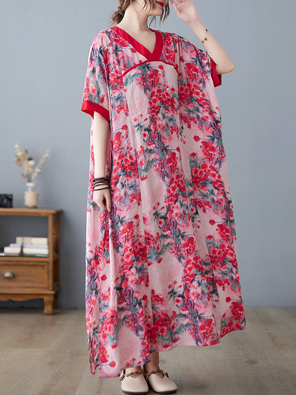 Loose Artistic Retro Floral Printed Split-Joint V-Neck Midi Dress