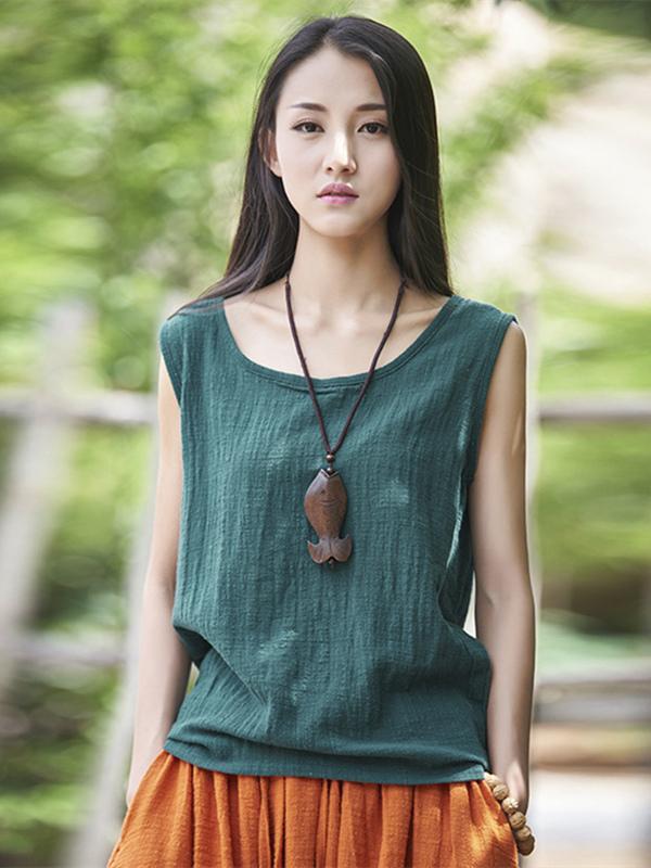 Soft Solid Color Sleeveless Ramie Cotton T-shirt