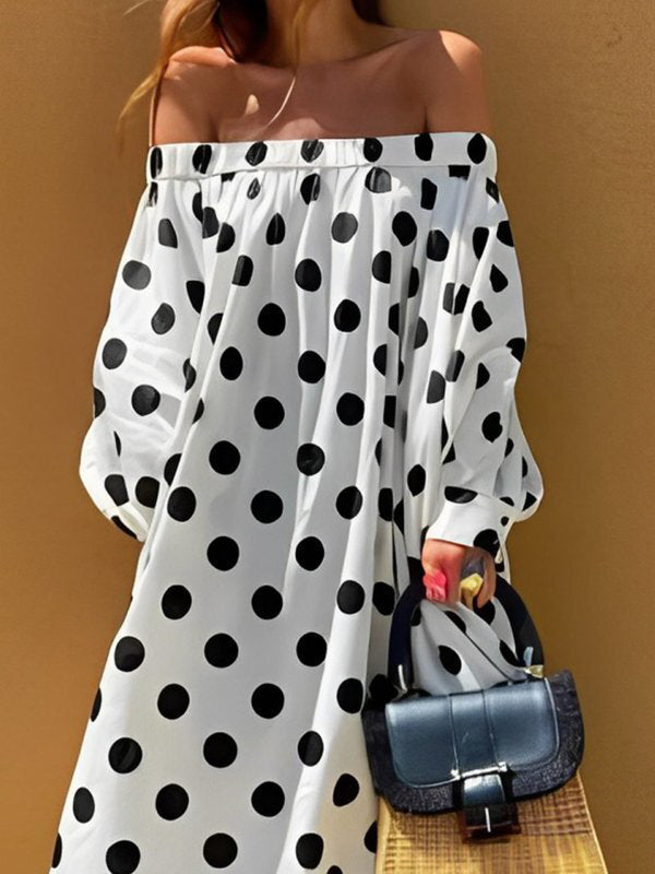 A-Line Long Sleeves Elasticity Polka-Dot Split-Joint Off-The-Shoulder Maxi Dresses