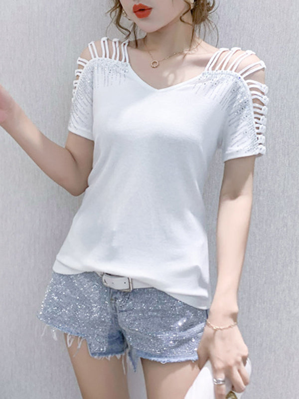 Loose Raglan Sleeve Hollow Rhine Stones Solid Color Split-Joint V-Neck T-Shirts Tops