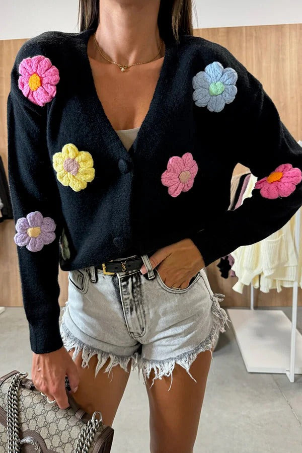 Ezro Knit Colorful Dimensional Flowers Button Up Loose Cardigan