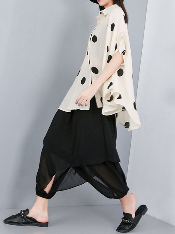 Batwing Sleeves High-Low Polka-Dot Lapel Blouses&Shirts Tops