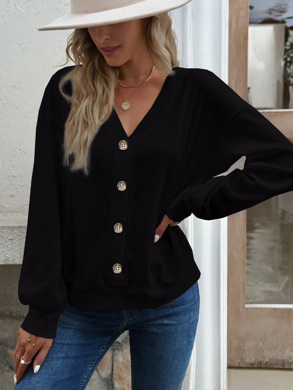 Long Sleeves Loose Buttoned Split-Joint V-Neck T-Shirts Tops