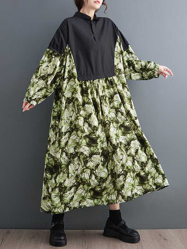 Long Sleeves Loose Buttoned Printed Split-Joint Lapel Midi Dresses