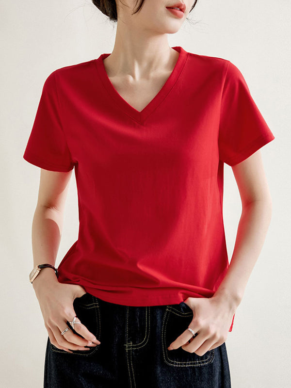 Loose Short Sleeves Solid Color V-Neck T-Shirts Tops