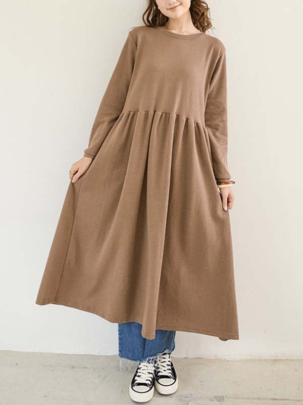 Casual Loose Long Sleeves Solid Color Round-Neck Midi Dresses