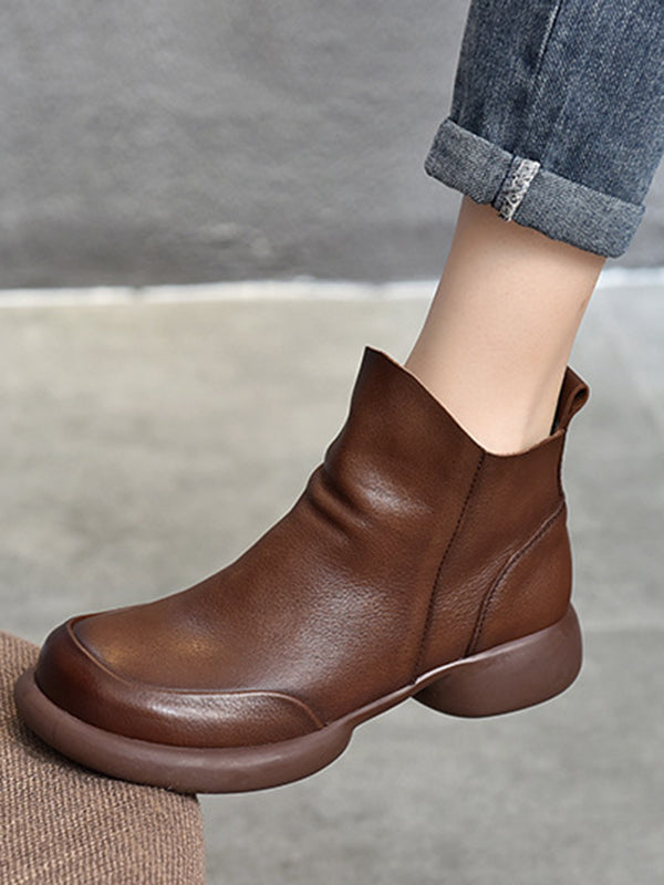 Round-Toe Solid Color Zipper Boots