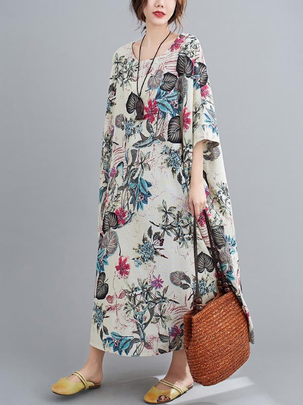 Vintage Floral Round-Neck Dress