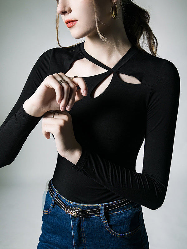 Long Sleeves Skinny Hollow Solid Color Asymmetric Collar T-Shirts Tops