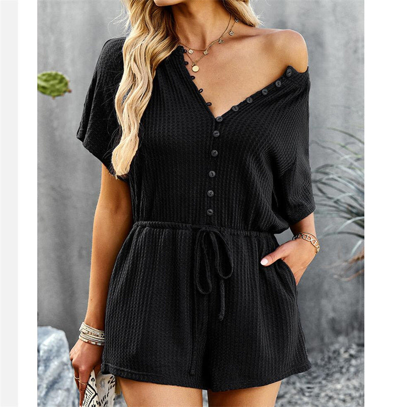 V-Neck Knitted Solid Color Jumpsuit Shorts