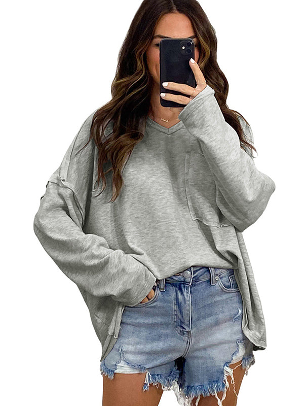 Long Sleeves Loose Pockets Solid Color Split-Joint Round-Neck T-Shirts Tops