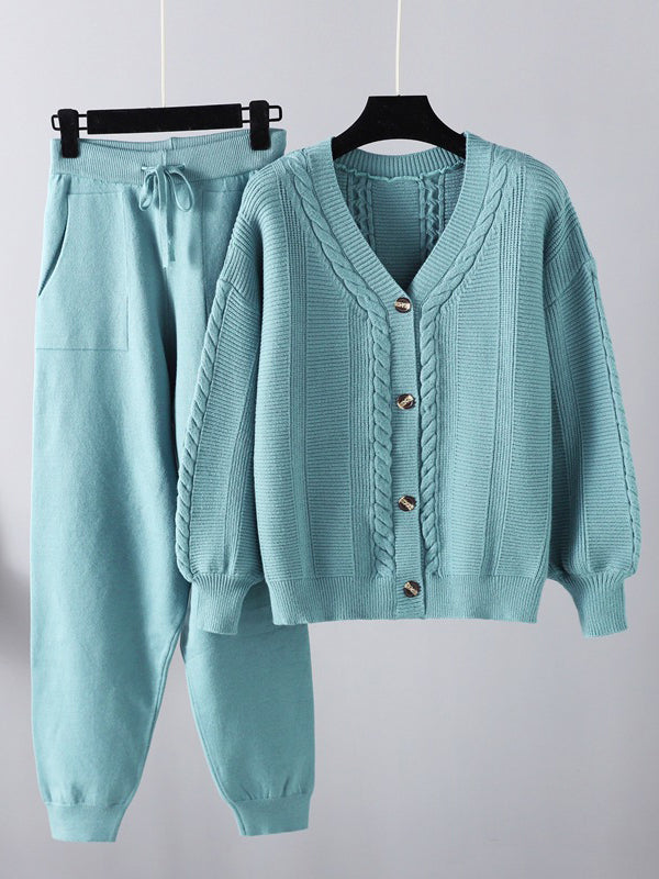 Casual Loose Solid Color Long Sleeves V-Neck Cardigan Tops& Drawstring Pants Suits