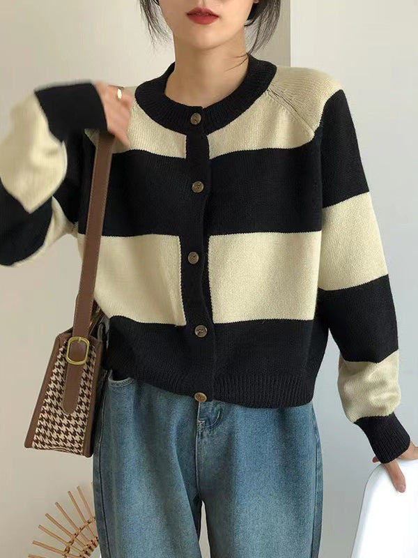 Casual Buttoned Contrast Color Striped Cardigan Tops