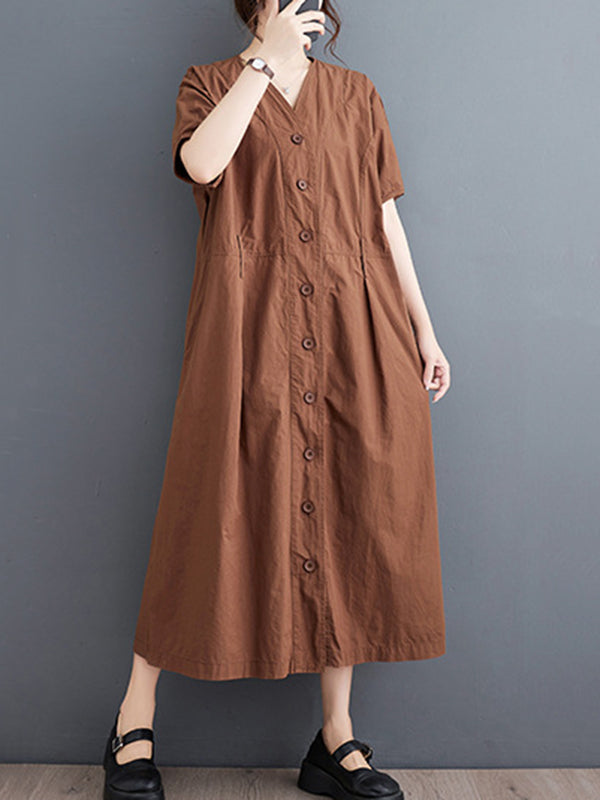 A-Line Loose Buttoned Pockets Solid Color V-Neck Midi Dresses