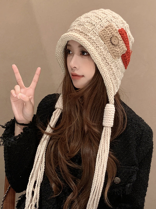 Contrast Color Solid Color Tasseled Knitted Hats