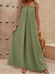 A-Line Loose Elasticity Pleated Solid Color Split-Joint Tied Spaghetti-Neck Maxi Dresses