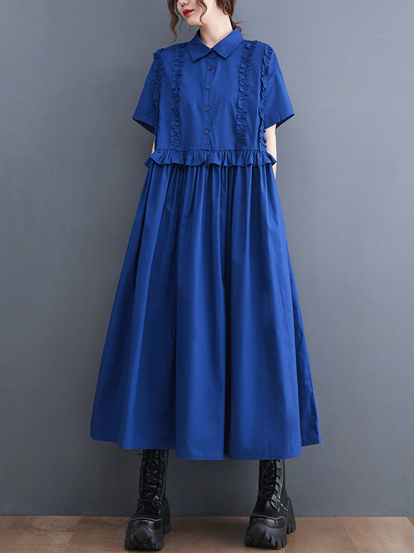 Simple Short Sleeves Loose Buttoned Falbala Split-Joint Solid Color Midi Shirt Dress