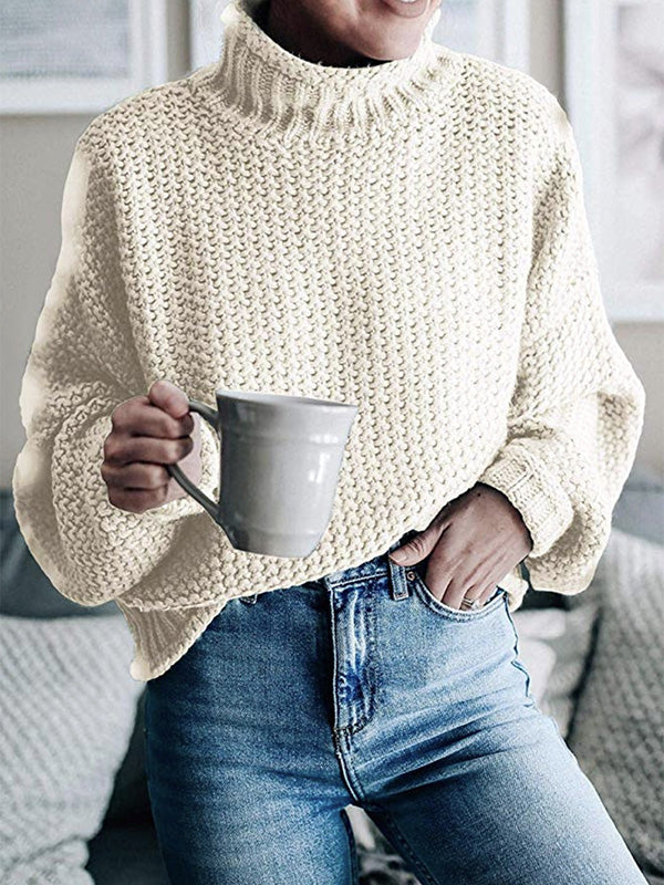 Casual Long Sleeves Solid Color High-Neck Sweater Tops