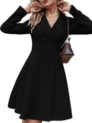 Women's Solid Color Double Breasted Long Sleeved Dress