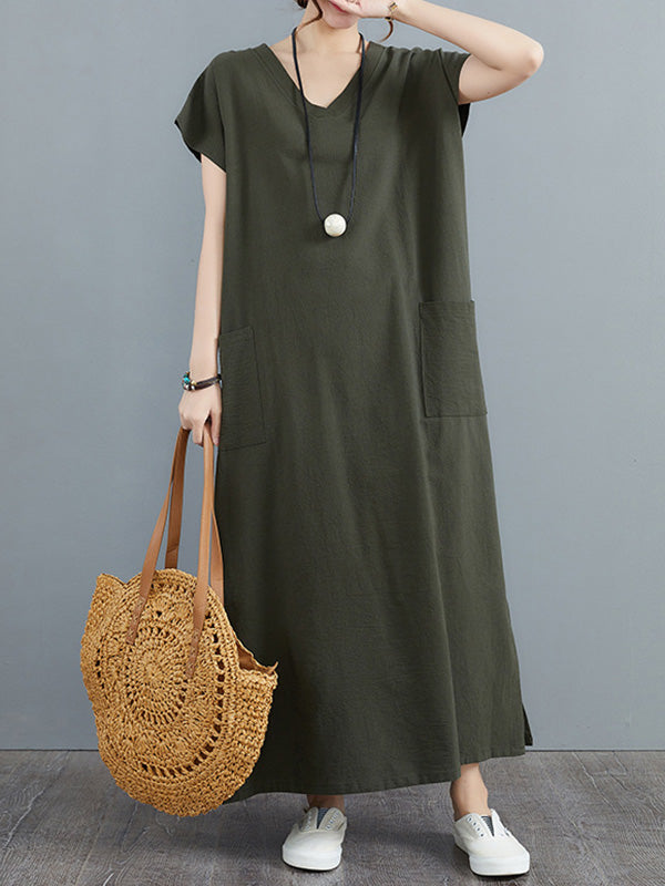 Simple Ramie Cotton Solid Color Split-Side With Pocket V-Neck Short Sleeves Maxi Dress