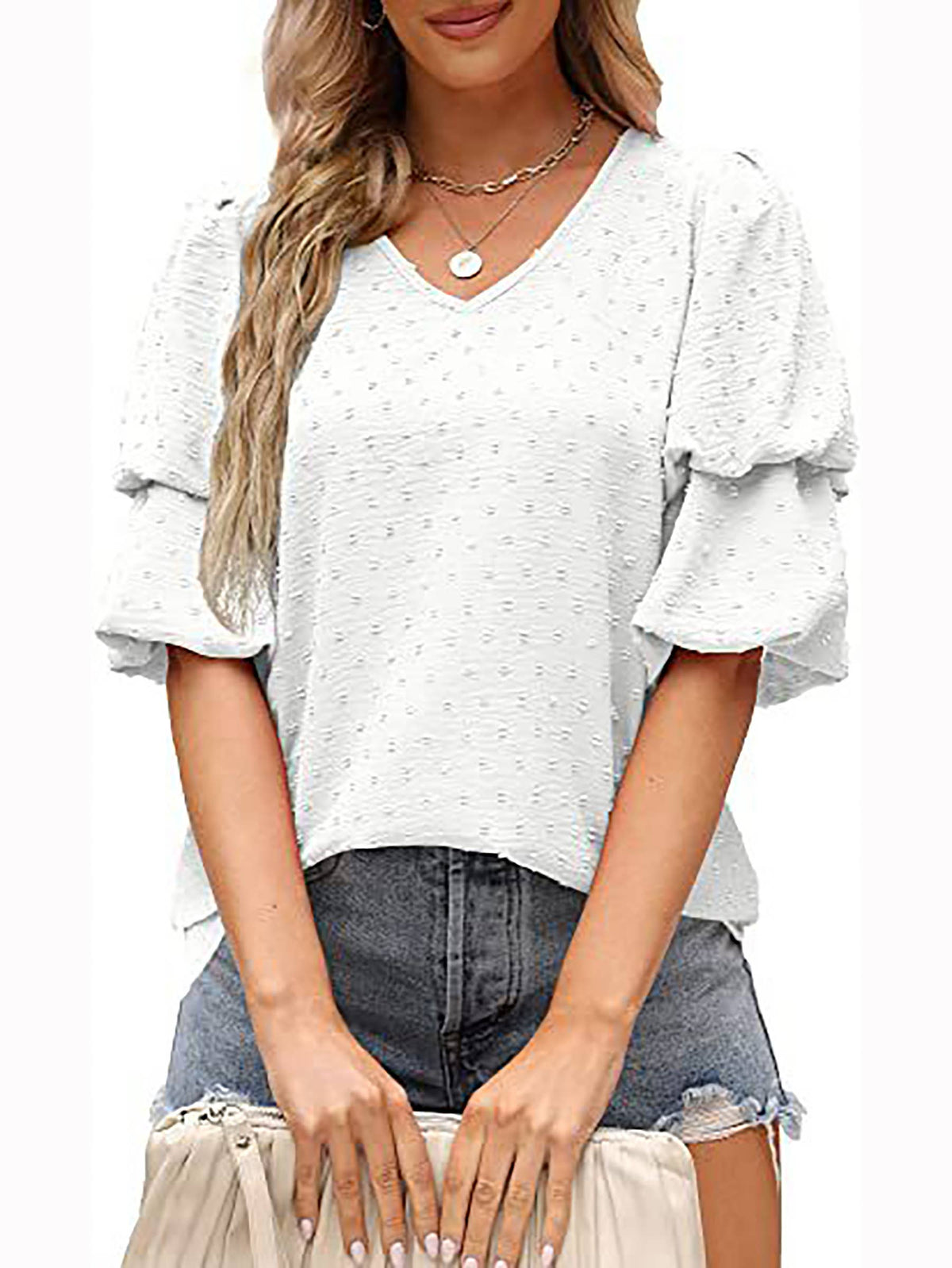 Solid Color Bubble Sleeved V-Neck Short Sleeved Top