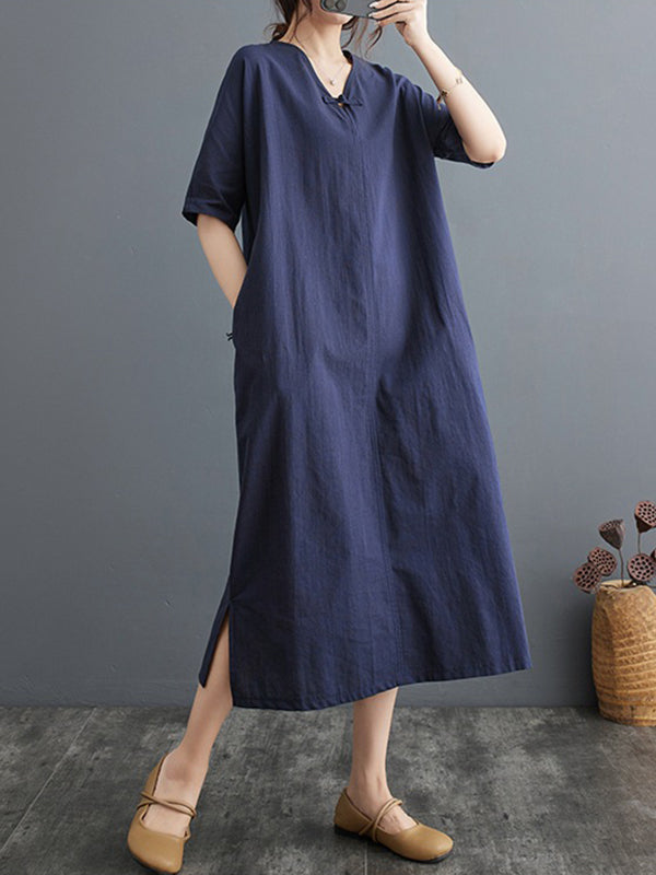 A-Line Loose Chinese Frog Buttons Pockets Solid Color Split-Side V-Neck Midi Dresses