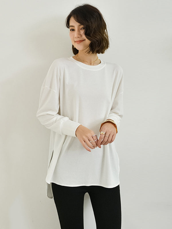 Simple Long Sleeves Loose Split-Side Solid Color Round-Neck T-Shirts Tops