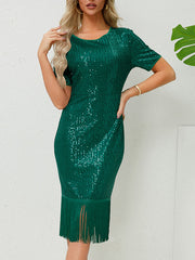 Bodycon Short Sleeves Sequined Shiny Solid Color Split-Joint Tasseled Round-Neck Midi Dresses