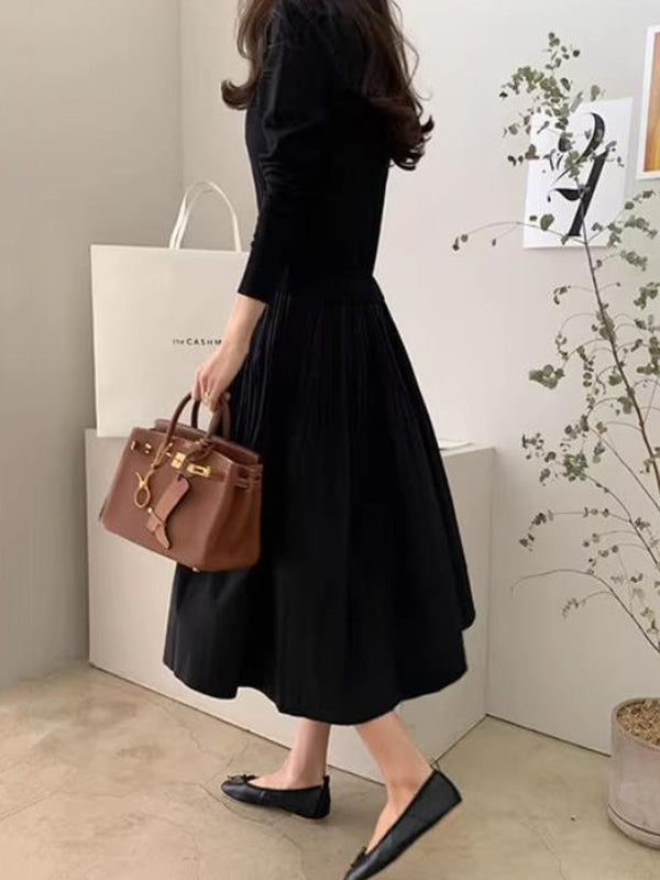 A-Line Long Sleeves Pleated Split-Joint Round-Neck Midi Dresses