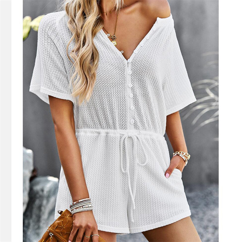 V-Neck Knitted Solid Color Jumpsuit Shorts