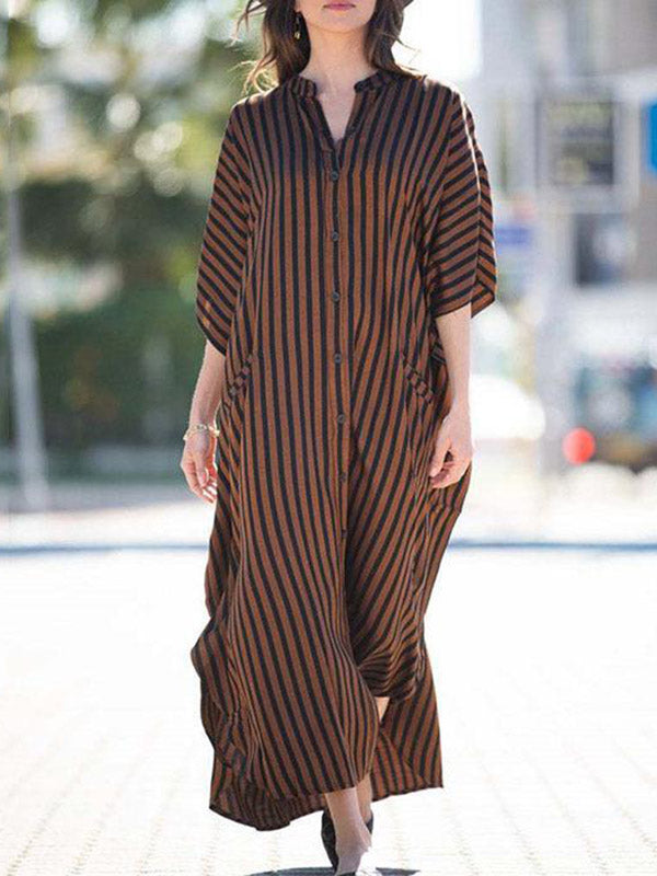 Batwing Sleeves Half Sleeves Buttoned Pockets Striped Round-Neck Beach Cover-Up Maxi Dresses