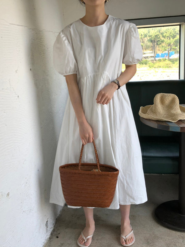 Original Loose Solid Color Pleated Puff Sleeves Midi Dress