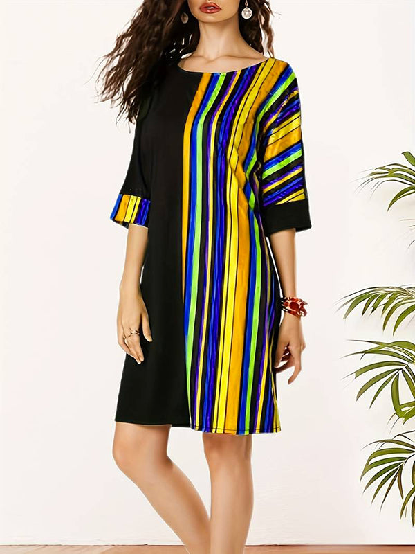 A-Line Half Sleeves Asymmetric Contrast Color Striped Round-Neck Mini Dresses