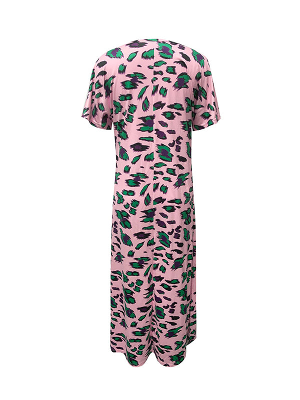 Loose Short Sleeves Printed Split-Side V-Neck Maxi Dresses