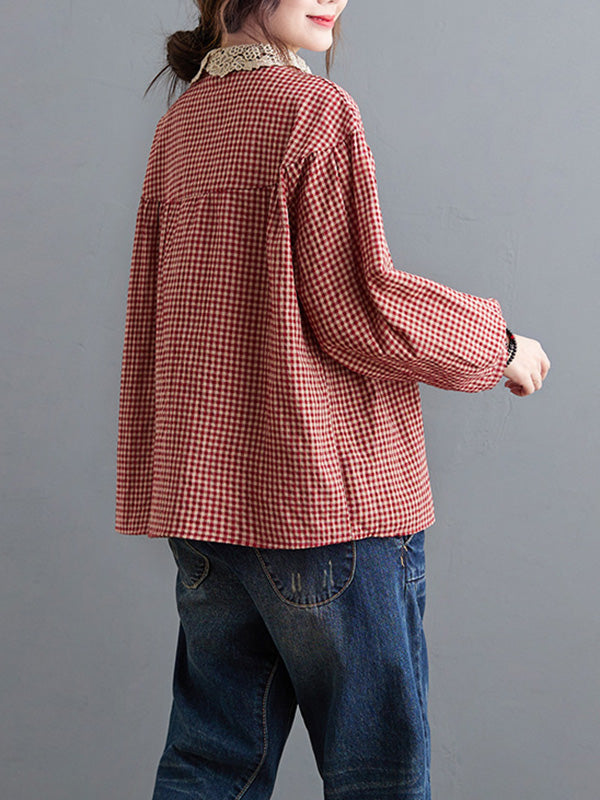 Plaid Ramie Cotton Plus Szie Long Sleeve Shirts