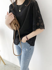 Half Sleeves Loose Hollow Solid Color Split-Joint Round-Neck T-Shirts Tops