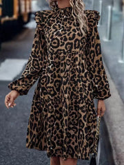 Loose Puff Sleeves Leopard Pleated Split-Joint Stand Collar Midi Dresses