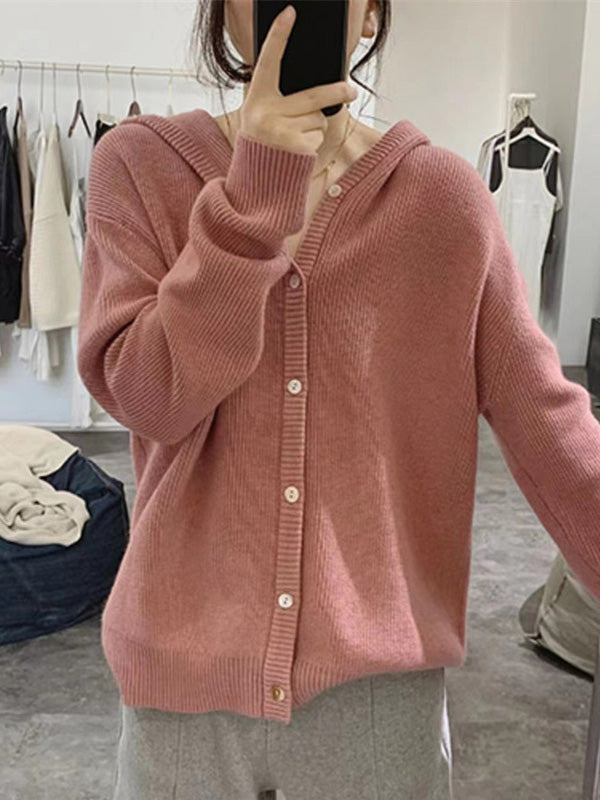 Simple Loose Long Sleeves Buttoned Solid Color Hooded Sweater Cardigan Coats