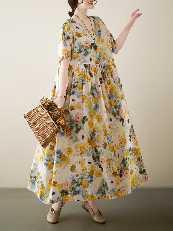 A-Line Loose Floral Printed Round-Neck Midi Dresses