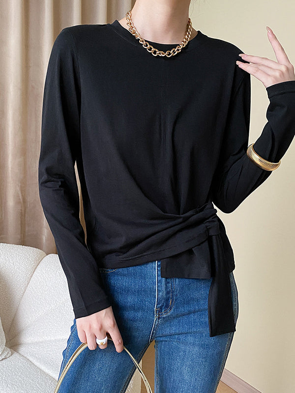 Long Sleeves Asymmetric Bowknot Solid Color Round-Neck T-Shirts Tops