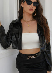 Glossy Cropped PU Leather Jacket with Chain Belt Detail