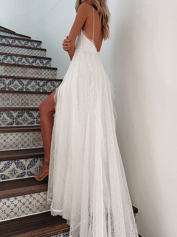 Wedding Deep V Neck Backless Lace Split Maxi Dress