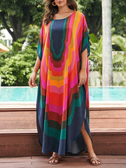 Batwing Sleeves Loose Contrast Color Printed Sun Protection Round-Neck Maxi Dresses