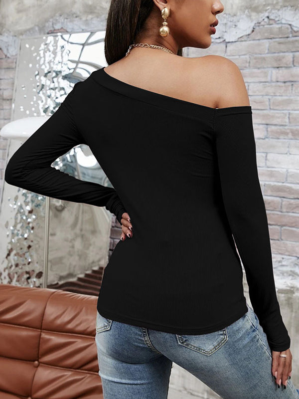 Long Sleeves Skinny Solid Color One-Shoulder T-Shirts Tops